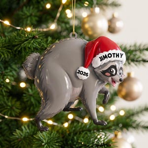 Peut inclure: Une d&eacute;coration de sapin de No&euml;l en forme de raton laveur gris portant un bonnet de P&egrave;re No&euml;l rouge et blanc. Le bonnet porte le nom JIMOTHY en noir sur le bord blanc et l'ann&eacute;e 2026 en noir sur une petite &eacute;tiquette ronde blanche.