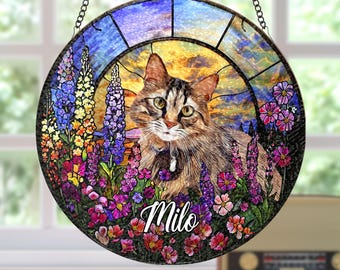 Personalized Cat Memorial Stained Glass, Loss of Pet Sympathy Gift, Cat With Name Suncatcher, Cat Suncatcher, Custom Pet Image Gift