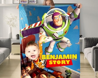 Custom Face Toy Story Blanket, Personalized Disney Toy Story Blanket, Custom Name Disney Blanket, Woody Buzz Lightyear, Gift for Boy or Girl