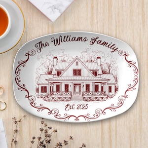 May include: Oval serving platter with a house illustration in burgundy. The platter has the text "The Williams Family" and "Est. 2025" in a decorative font. A burgundy border frames the design, set against a white background.