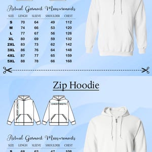 two different types of hoodies, one with actual garment measurements and the other with a zip hoodie. The image includes size and chest width measurements for both types of hoodies, as well as a comparison between the two designs.
