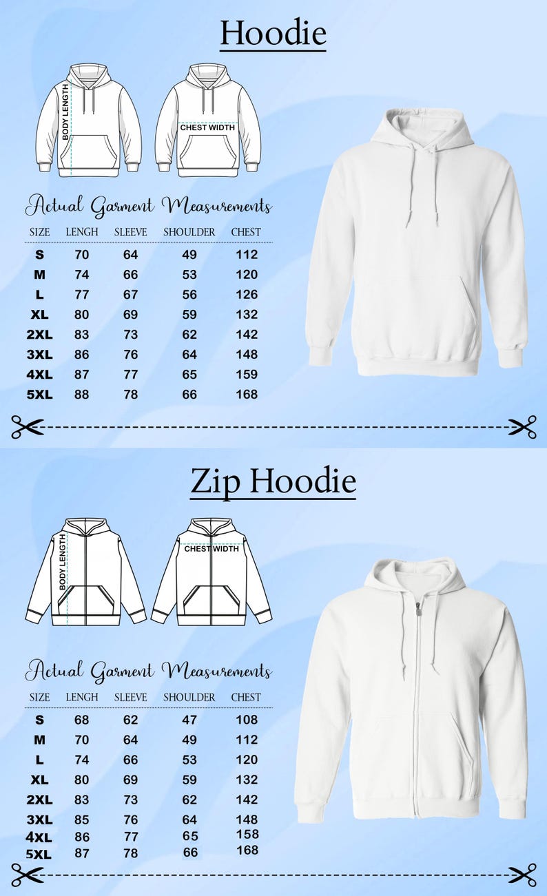 two different types of hoodies, one with actual garment measurements and the other with a zip hoodie. The image includes size and chest width measurements for both types of hoodies, as well as a comparison between the two designs.