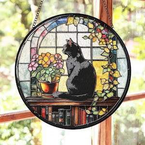 Black Cat On Book Stained Glass Suncatcher Window Hanging, Reading Cat Book Lover Gift Lightcatcher, Librarian Bookish Cat Lover Gifts