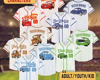 Personalized Disney Cars Simple Stripe Baseball Jersey, Custom Name Kid Adult Toddler Jersey, Disneyland Family Birthday Baseball Matching