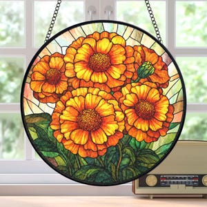 Birth Flower Suncatcher Stained Glass, Birth Month Flower Window Hanging, Marigold Birth Flower Birthday Gift, Mothers Day Gift For Mom
