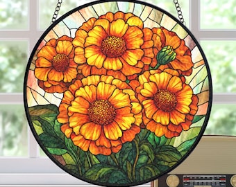 Birth Flower Suncatcher Stained Glass, Birth Month Flower Window Hanging, Marigold Birth Flower Birthday Gift, Mothers Day Gift For Mom