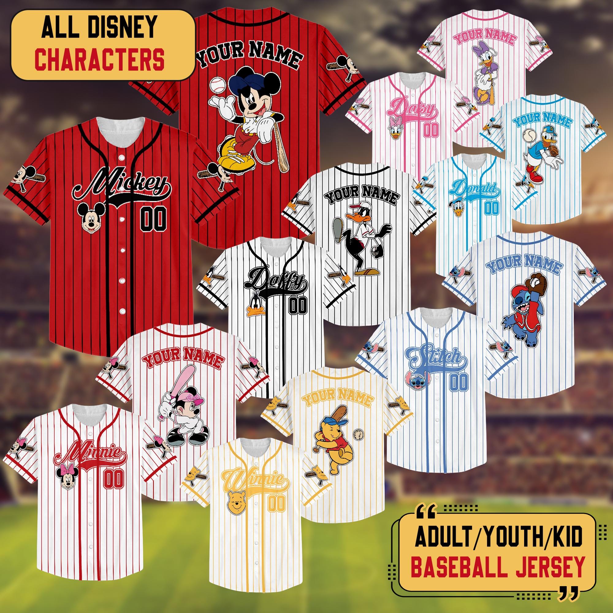 Personalize Disney Mickey & Friends Cute Striped White, Custom Disneyland Baseball Team, Stitch Jersey, Daffney Duck Baseball Shirt