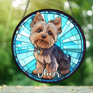 Atrapasueños colgante personalizado para ventana con diseño de Yorkshire Terrier, decoración con nombre de perro, decoración colgante de vidriera para ventana, regalo para amantes de los perros.
