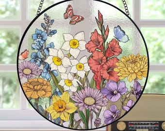Custom Family Birth Flowers Stained Glass Suncatcher, Personalized Mom&#39;s Garden Gift, Birth Month Flower Glass Art Gift, Mother&#39;s Day Gift