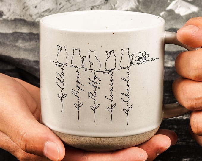 Personalized Cat With Name Pottery Mug, Custom Cat Mug Gift, Unique Cat Lover Present, Gift For Cat Owner, Family Gift, Pet Lover