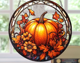 Fall Pumpkin Decor Stained Glass Window Suncatcher, Pumpkin Fall Vibes Window Hanging, Charming Pumpkin Suncatcher, Fall Suncatcher Decor