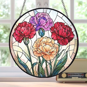 Birth Flower Suncatcher Stained Glass, Birth Month Flower Window Hanging, Carnation Birth Flower Birthday Gift, Mothers Day Gift For Mom