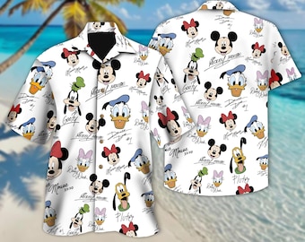 Mickey And Friends Signature Hawaiian Shirt, Colorful Mickey Mouse Donald Duck Goofy Hawaii Tee,  Summer Trip Button Shirt