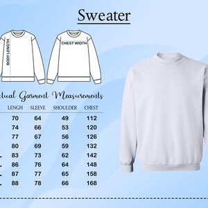 a sweater with actual measurements and a size chart, along with a white sweater in a size of 5XL.