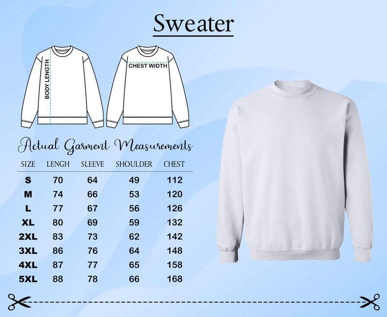 a sweater with actual measurements and a size chart, along with a white sweater in a size of 5XL.