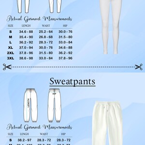 a collection of garment measurements for leggings and sweatpants, including actual measurements and corresponding sizes.