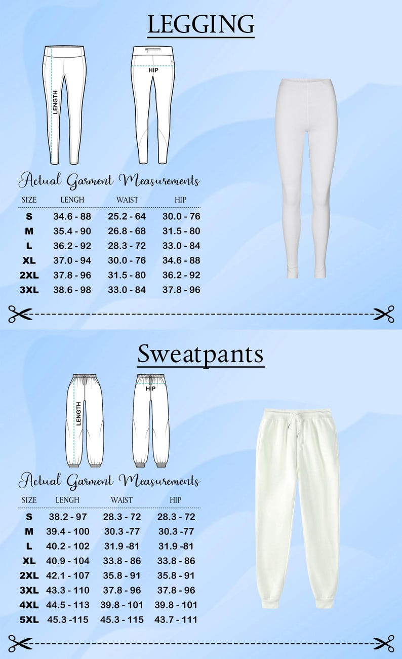 a collection of garment measurements for leggings and sweatpants, including actual measurements and corresponding sizes.