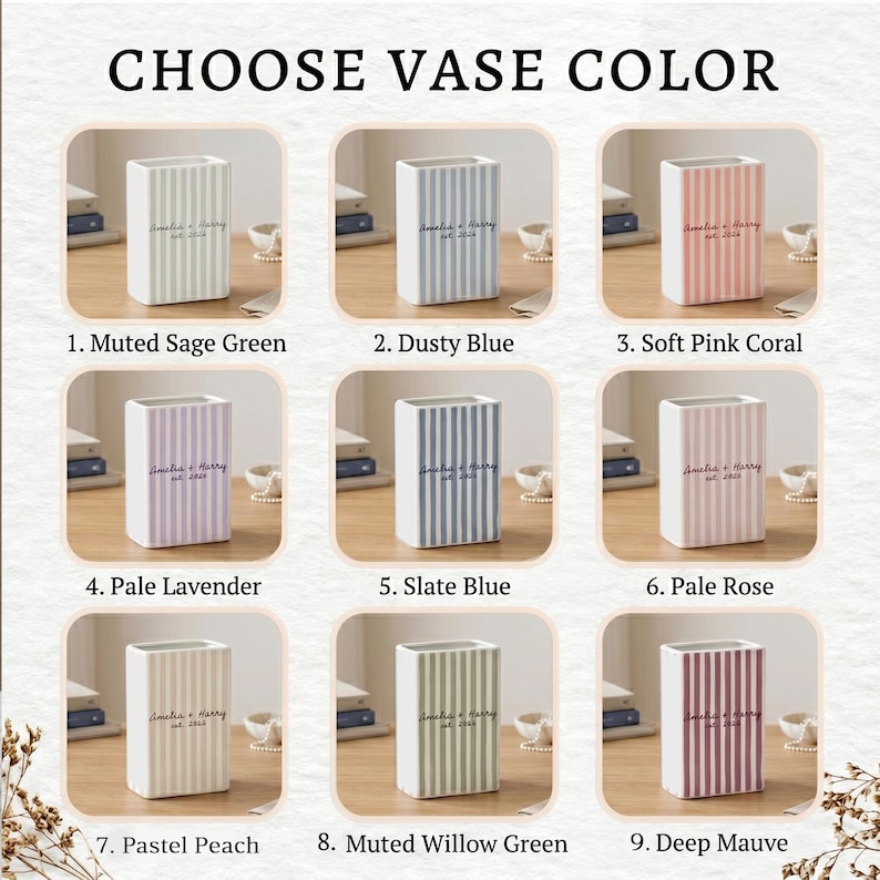 May include: A grid of nine rectangular vases, each featuring vertical stripes and the text 'Amelia + Harry est. 2026'. The vases are displayed in various colors: muted sage green, dusty blue, soft pink coral, pale lavender, slate blue, pale rose, pastel peach, muted willow green, and deep mauve.