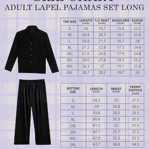 May include: Black adult lapel pajamas set long, displayed with a size chart. The set includes a button-down top with a chest pocket and matching pants. The size chart provides measurements in inches for top and bottom sizes, including length, bust, and waist.