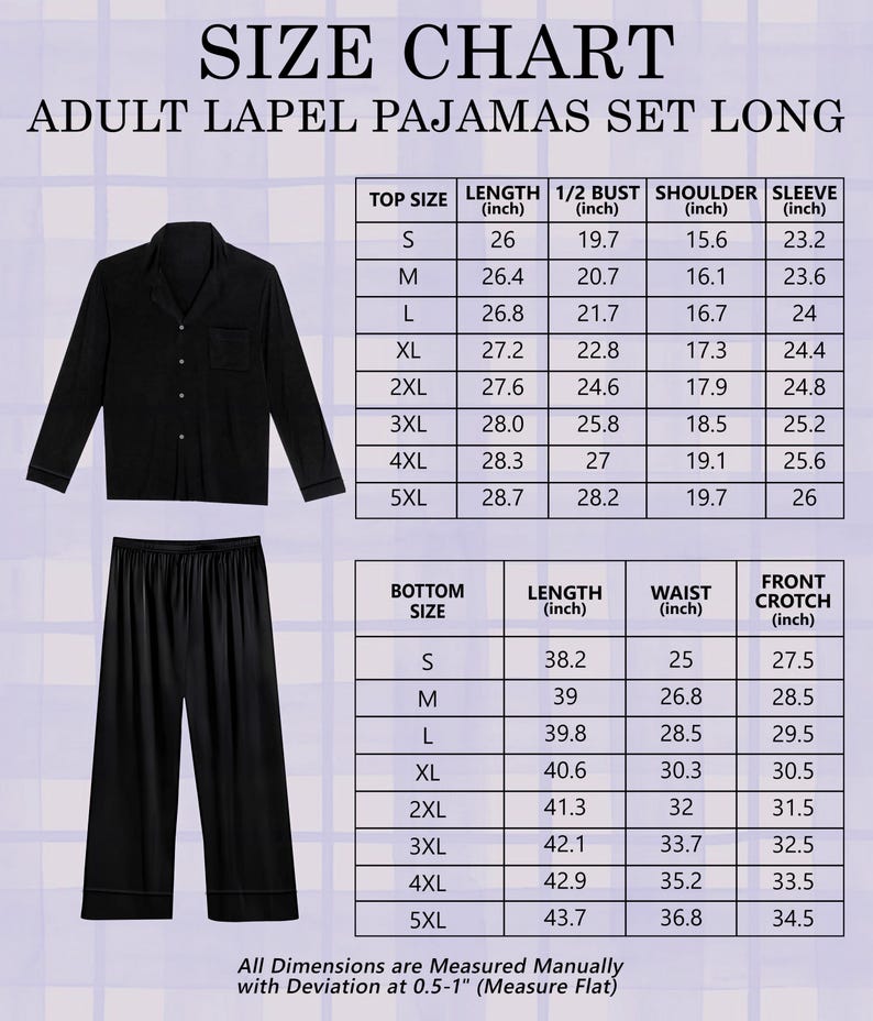 May include: Black adult lapel pajamas set long, displayed with a size chart. The set includes a button-down top with a chest pocket and matching pants. The size chart provides measurements in inches for top and bottom sizes, including length, bust, and waist.