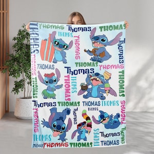 Personalized Disney Stitch Watercolor Blanket, Custom Name Stitch Blanket, Stitch Cartoon Movie Blanket, Custom Stitch Birthday Gift