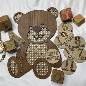 Meilenstein Marker Rattan Hölzern Monatliche Meilenstein Marker Teddybär Baby Monatliche Bilder Boho Kinderzimmer Dekor Neugeborene Baby Krankenhaus Zeichen