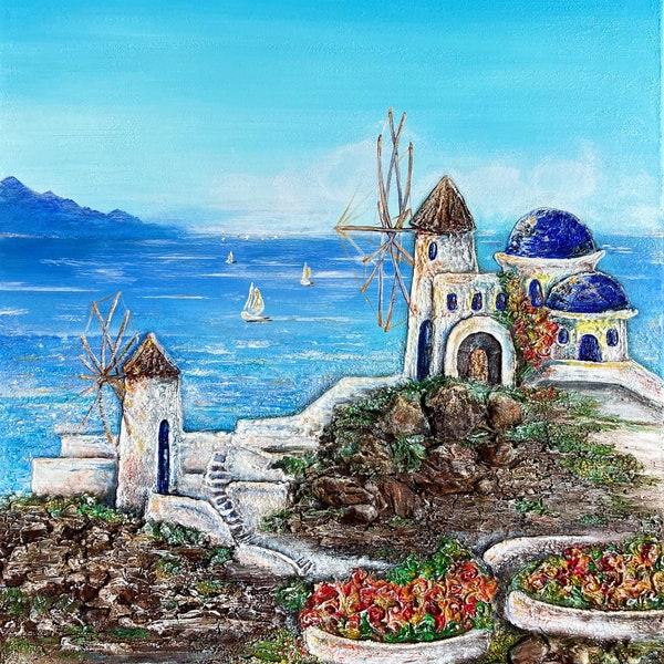Santorini Gemälde, Original auf Leinwand, Blaues Meer, Griechenland, Malerei, 3D Technik Kunst Wanddeko mediteran