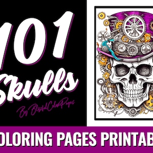 101 Skulls - Printable Skull Coloring Pages: Grayscale Adult Coloring Book PDF | Digital Download | Printable Pages