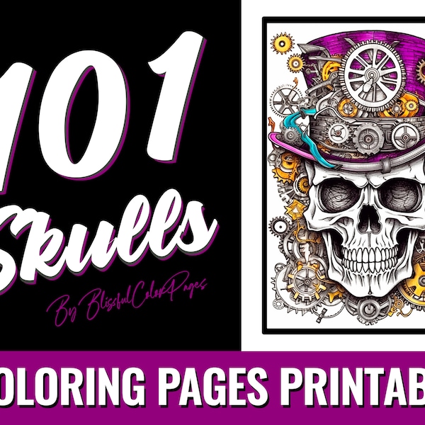 101 Skulls - Printable Skull Coloring Pages: Grayscale Adult Coloring Book PDF | Digital Download | Printable Pages