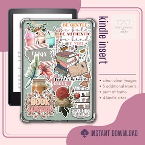 Könnte beinhalten: Ein digitaler druckbarer Entwurf für einen Kindle-Einsatz mit einer Collage von Buch-Sticker mit dem Text "BE GENTLE be bold BE AUTHENTIC be kind E YOU" und "Books Are My Favorite believe EVERY DAY SHOULD BE LIBRARY DAY".