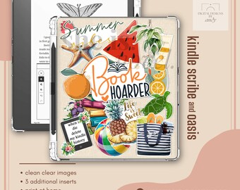 May include: A clear Kindle Scribe and Oasis case with a colorful summer-themed design. The case features illustrations of a watermelon slice, orange, starfish, pineapple, and the words "Book Hoarder" and "Summer Vibes".