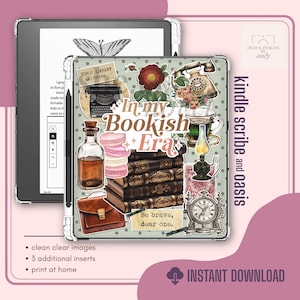May include: A digital design for a Kindle Scribe and Oasis, featuring a collage of vintage-style illustrations. The design includes a typewriter, books, a telephone, and the text "In my Bookish Era". The design is available for instant download.