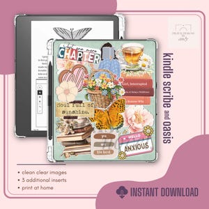 Op de afbeelding: Een Kindle Scribe en Oasis hoesje met een bloemen- en vlinderontwerp. De hoes bevat de tekst "Just one more CHAPTER", "Soul full of sunshine" en "Hello Anxious". Het ontwerp bevat een bloemenmand, boeken en een kopje thee.