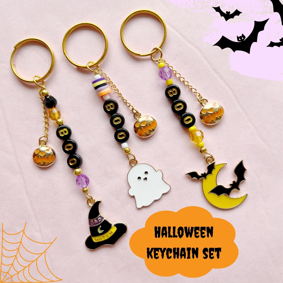 Halloween Keychain Set Ghost Bats on Moon Witch Hat With Etsy UK