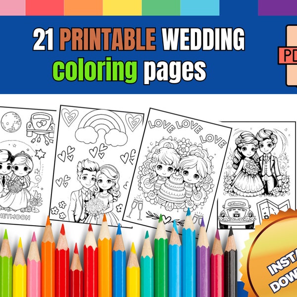 Wedding coloring book printable. 21 printable coloring pages for wedding and editable Canva template with 12 wedding activities.