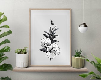 Botanical Print: Modern Floral Art, Digital Download, Printable Wall Decor, Black and White Flowers, Wildflower Line Drawings
