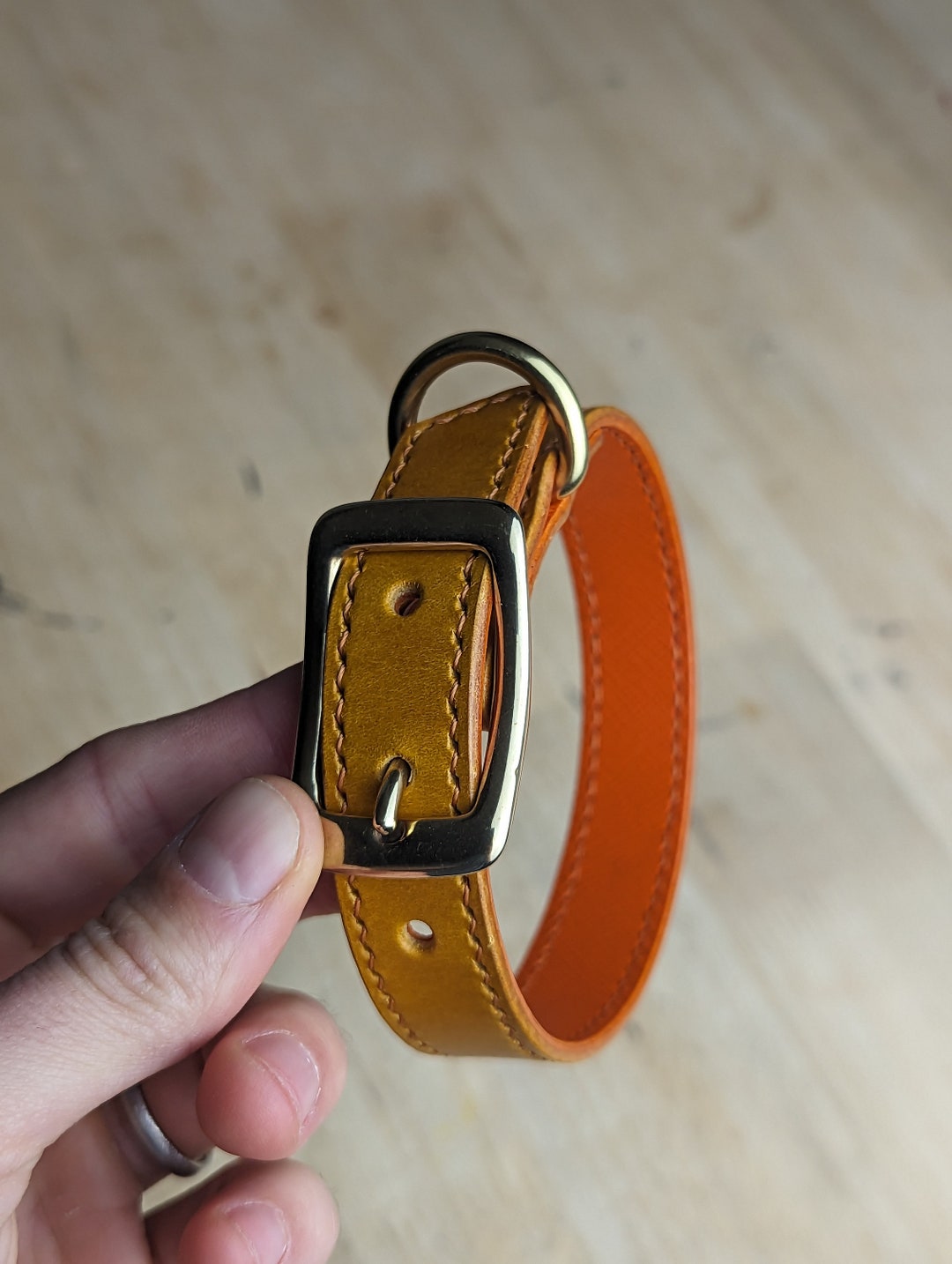 Double Layered Yelloworange Handstitched Leather Dog Collar Etsy