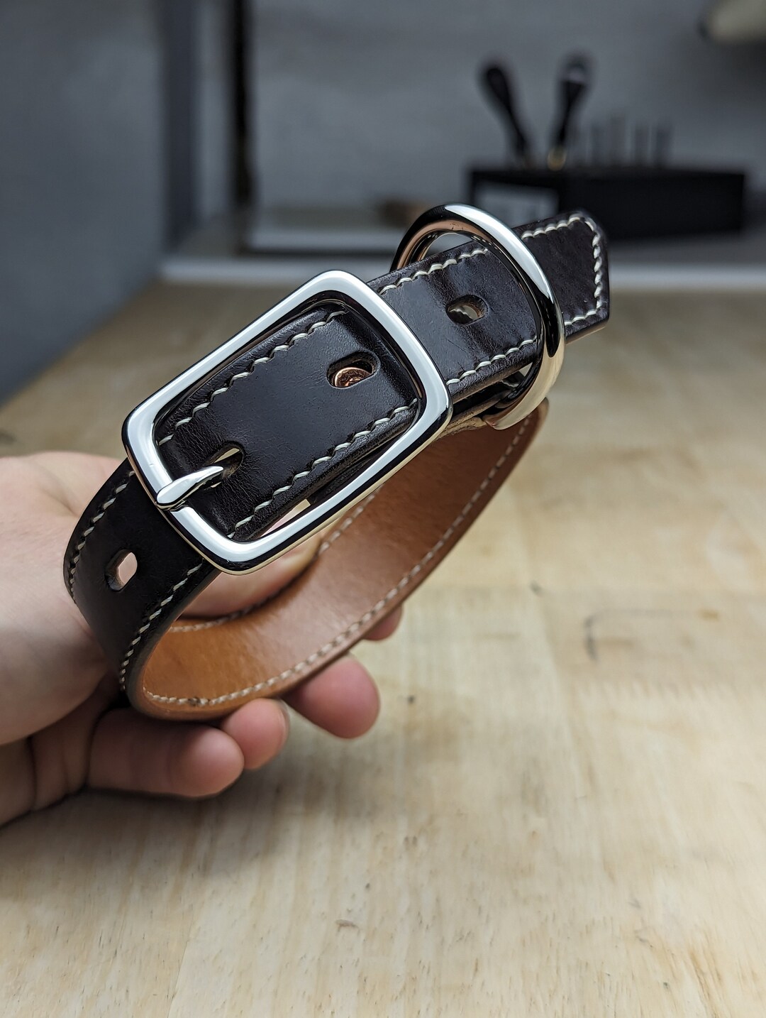 Double Layered Browns Handstitched Leather Dog Collar Small Etsy