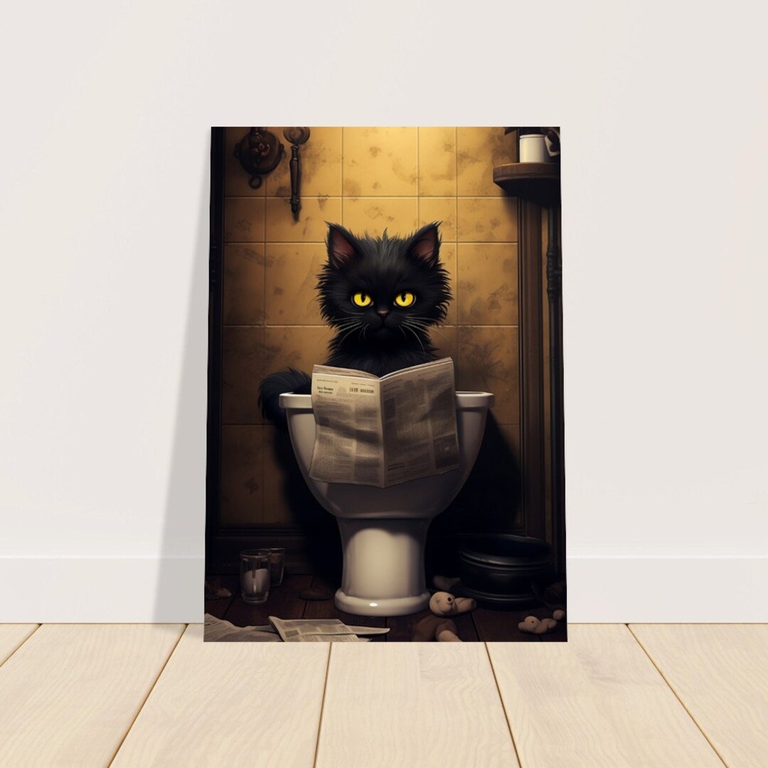 Funny Cat on Toilet Art Cat Digital Print Bathroom Decoration Cat on ...
