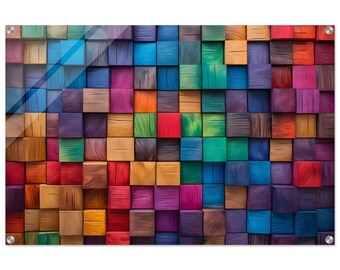 Energetic Expression: Colorful Wood Tiles Acrylic Glass Wall Art