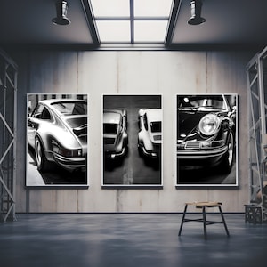 Retro Silber Porsche Wandkunst - Vintage Auto Poster für Büro oder Wohnzimmer - Klassisches Sportwagen Wandbild Automobil Dekor Männerzimmer