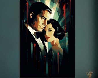 Classic Film Noir Couple Poster - Vintage Cinematic Art Deco, Elegant Hollywood Glamour Wall Art, Romantic and Mysterious Decor