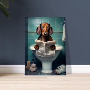 Dachshund poster on toilet - dog in the bathroom