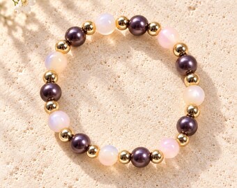 Perlenarmband Damen Rosa Braun Gold – elastisches Armband mit schimmernden Perlen – eleganter Armschmuck – Geschenk für sie