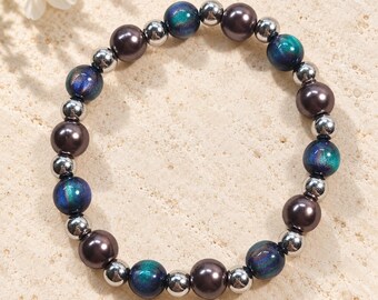 Perlenarmband Damen Blau Grün Braun Silber – schimmerndes Armband mit Perlen – elastischer Armschmuck – Geschenk für sie