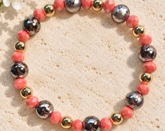 Perlenarmband Rot Gold | Elegantes Damen Armband mit marmorierten Perlen | Elastisches Armband | Geschenk für Frauen
