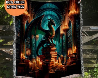 Majestic Dragon Woven Blanket, Fantasy Woven Throw, Cozy Gothic Decor, Fantasy Reader Room Decor, Book Lover Gift, Bookish Deco. 3 Sizes