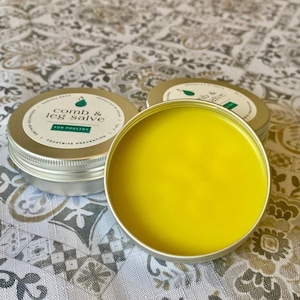 May include: Three open and closed silver tins of comb and leg salve for poultry. The open tin reveals a bright yellow salve. The labels read "Comb & Leg Salve" and "Frostbite Prevention".