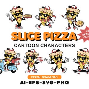 Può includere: Una collezione di personaggi a forma di fetta di pizza in stile cartoon con occhiali da sole e cappellini, raffigurati in varie pose, tra cui su uno scooter, su uno skateboard e mentre tengono scatole di pizza. Il testo recita SLICE PIZZA CARTOON CHARACTERS, FREE SEAMLESS PATTERN, DIGITAL DOWNLOAD, AI-EPS-SVG-PNG.
