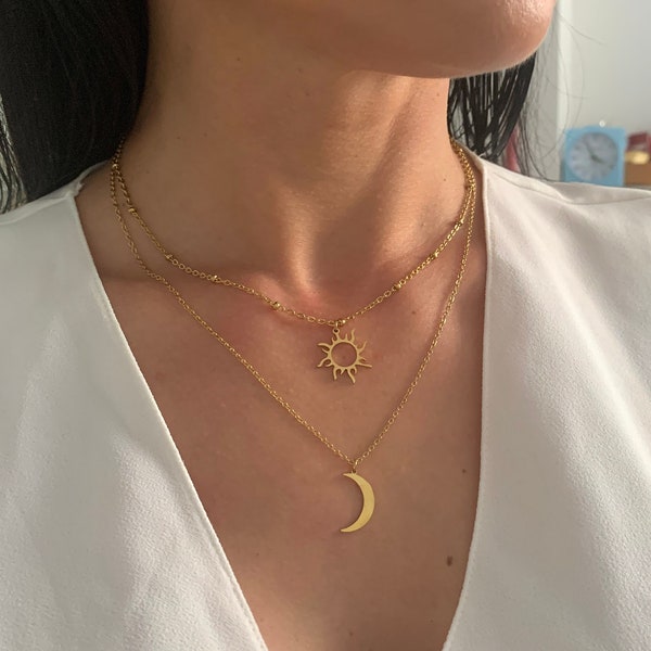 NataschaWoge® SONNE Mond minimalistischer Schmuck EDELSTAHL Gold Silber Kette Halskette + Anhänger Geschenk für Sie Hollow Sun Goldkette